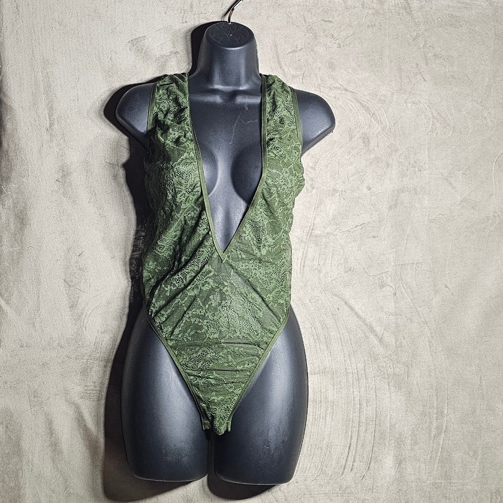 Victoria's Secret Olive Green Floral Lace Deep V-Neck Bodysuit Large L/G
